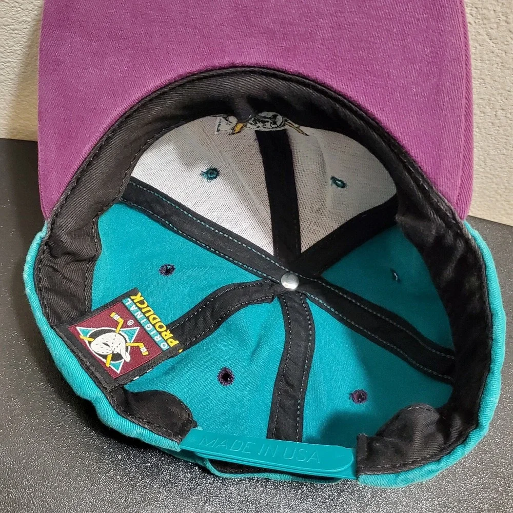 Vintage 90s Official Anaheim Mighty Ducks Velore Purple / Teal Snapback Hat RARE